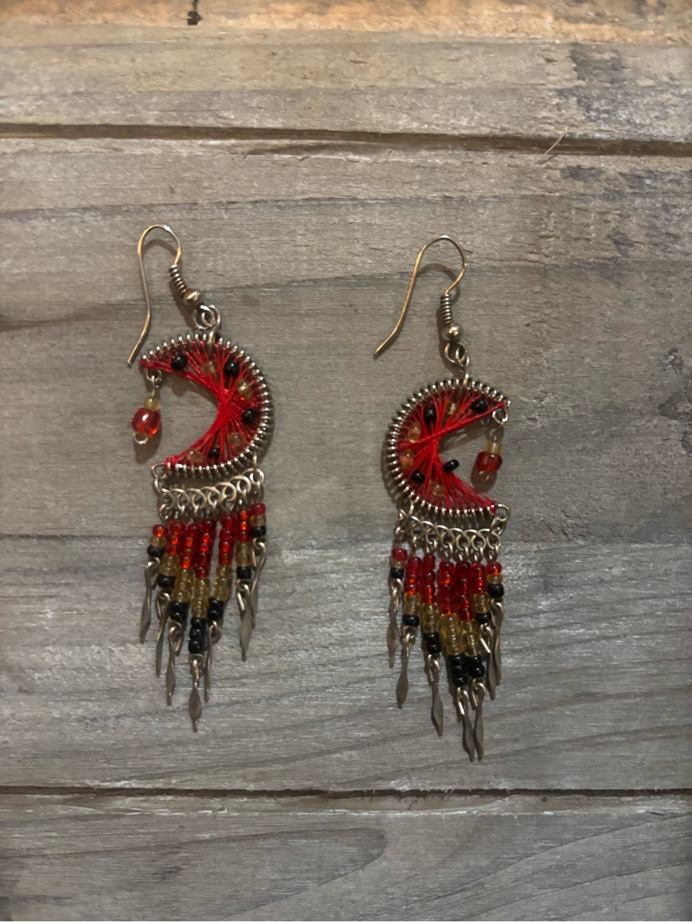 Handcrafted Red Beaded Crescent Dangle Earrings